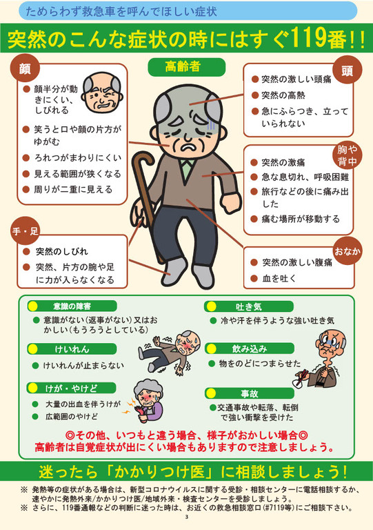 突然のこんな症状の時にはすぐ119番!!(高齢者)