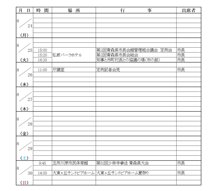 画像：市長等の週間日程